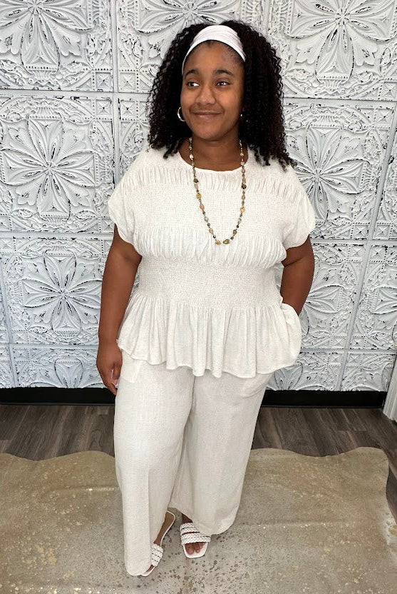 Linen Blend Smocked Peplum Top