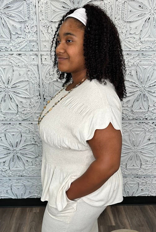 Linen Blend Smocked Peplum Top