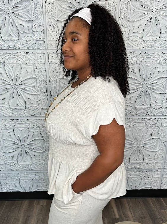 Linen Blend Smocked Peplum Top