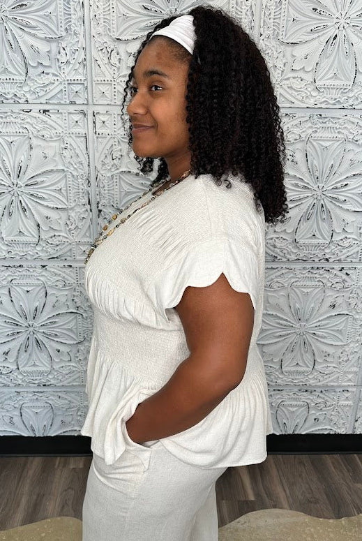 Linen Blend Smocked Peplum Top