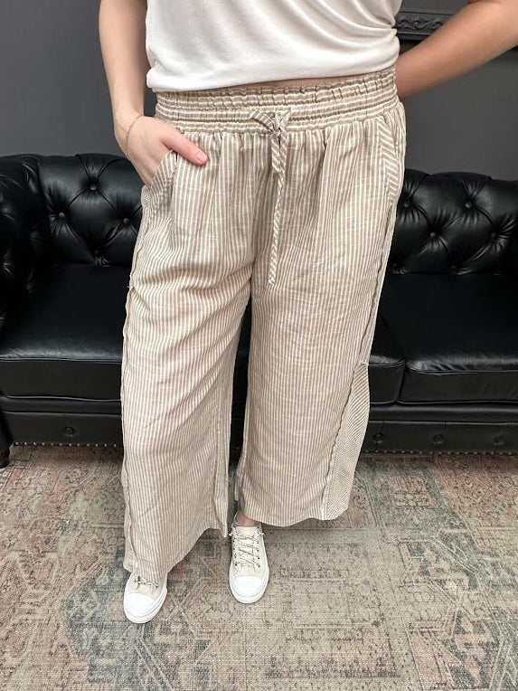 linen blend pants, striped wide leg pants, elastic waist pants, summer pants, women’s linen pants, boutique bottoms, Gypsy River Apparel