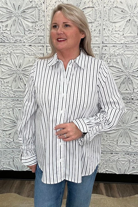 Liverpool White & Navy Striped Adjustable Sleeve Button Front Striped Woven Top