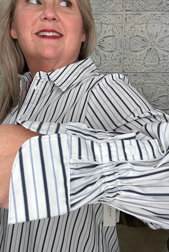 Liverpool White & Navy Striped Adjustable Sleeve Button Front Striped Woven Top