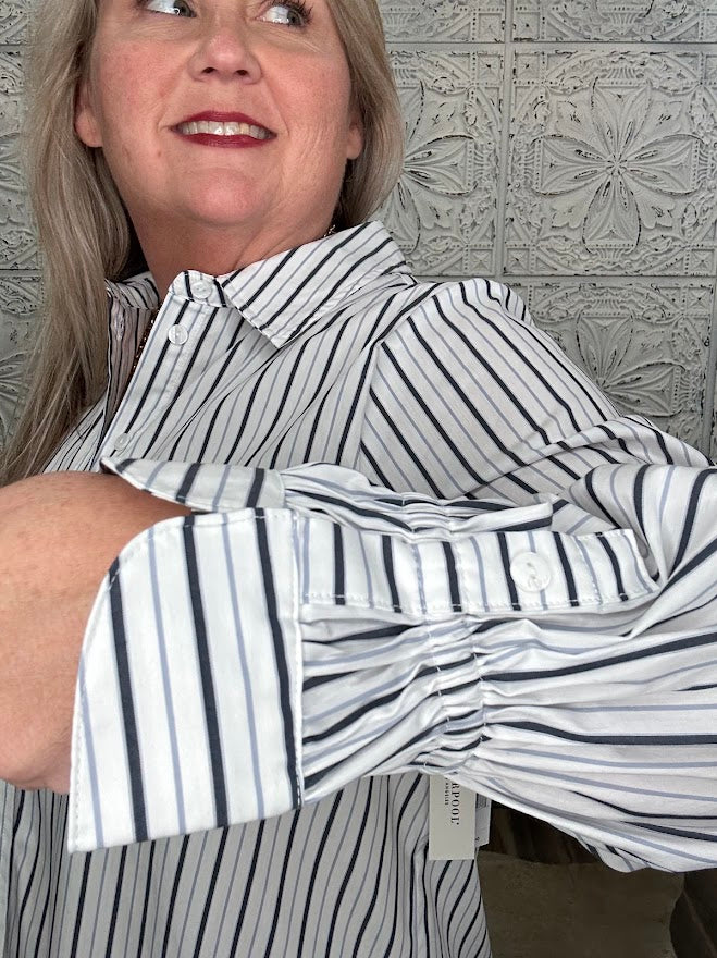 Liverpool White & Navy Striped Adjustable Sleeve Button Front Striped Woven Top