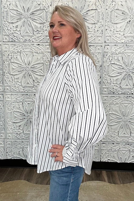 Liverpool White & Navy Striped Adjustable Sleeve Button Front Striped Woven Top