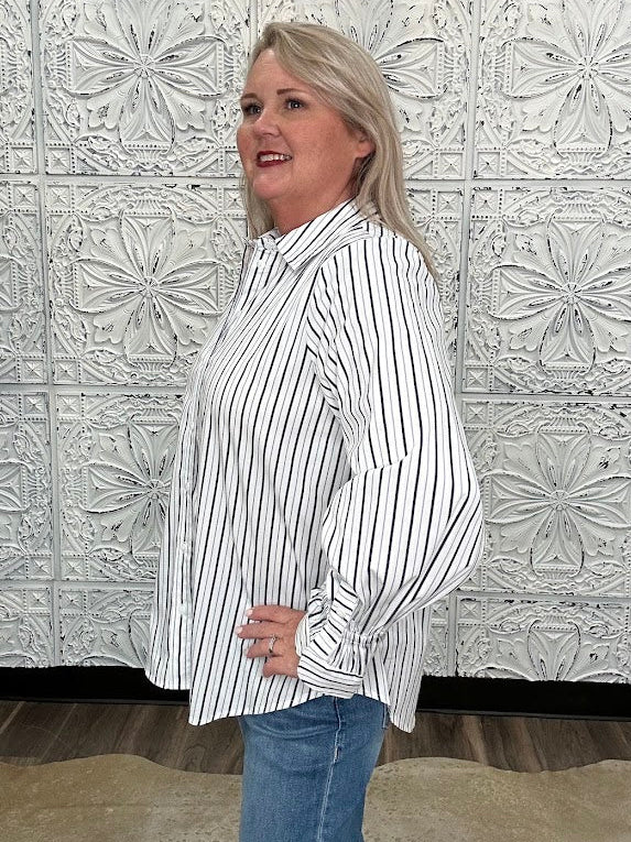 Liverpool White & Navy Striped Adjustable Sleeve Button Front Striped Woven Top
