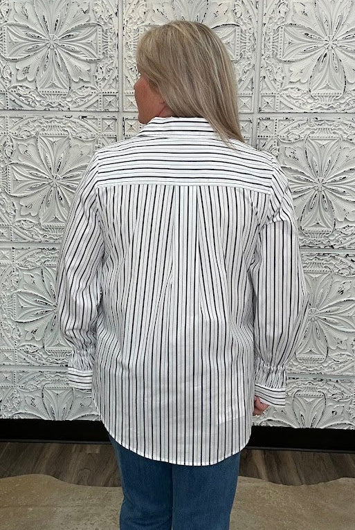 Liverpool White & Navy Striped Adjustable Sleeve Button Front Striped Woven Top