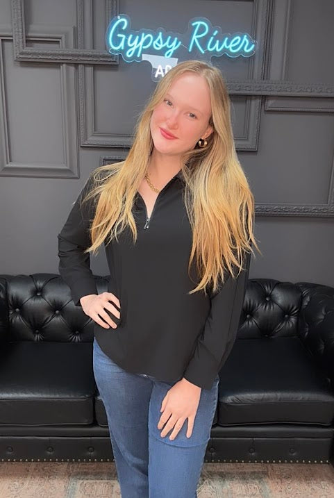 Liverpool top, quarter zip blouse, collared v-neck top, black Liverpool top, long sleeve polished top, Liverpool work blouse, versatile stretch top