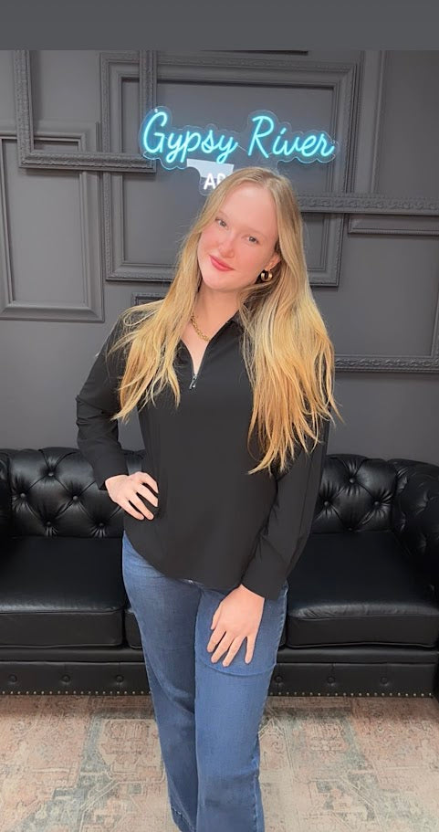 Liverpool top, quarter zip blouse, collared v-neck top, black Liverpool top, long sleeve polished top, Liverpool work blouse, versatile stretch top