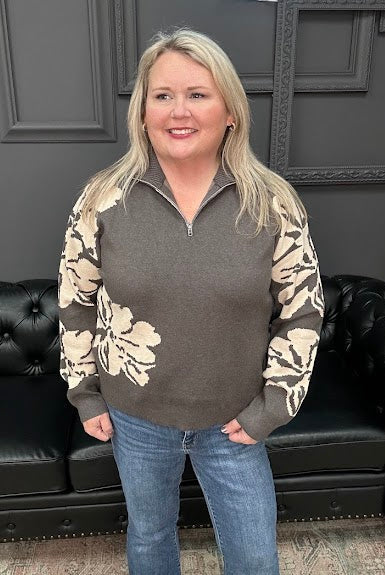 floral sweater top, half zip knit top, mock neck floral sweater, viscose blend sweater, long sleeve floral knit, patterned sleeve sweater, Gypsy River sweater, cozy floral top