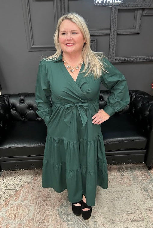 surplice midi dress, cotton tiered dress, long sleeve wrap style dress, green midi dress, dress with pockets, fall midi dress, holiday dress women, Gypsy River dress, breathable cotton dress