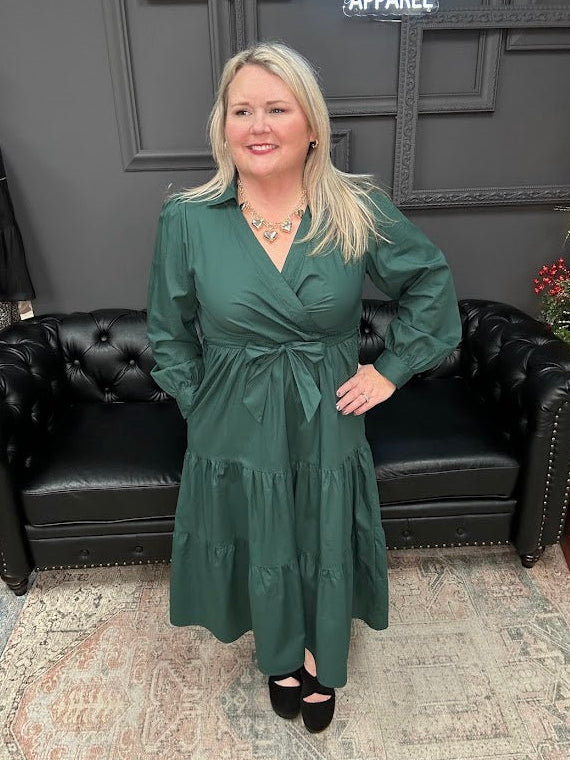 surplice midi dress, cotton tiered dress, long sleeve wrap style dress, green midi dress, dress with pockets, fall midi dress, holiday dress women, Gypsy River dress, breathable cotton dress