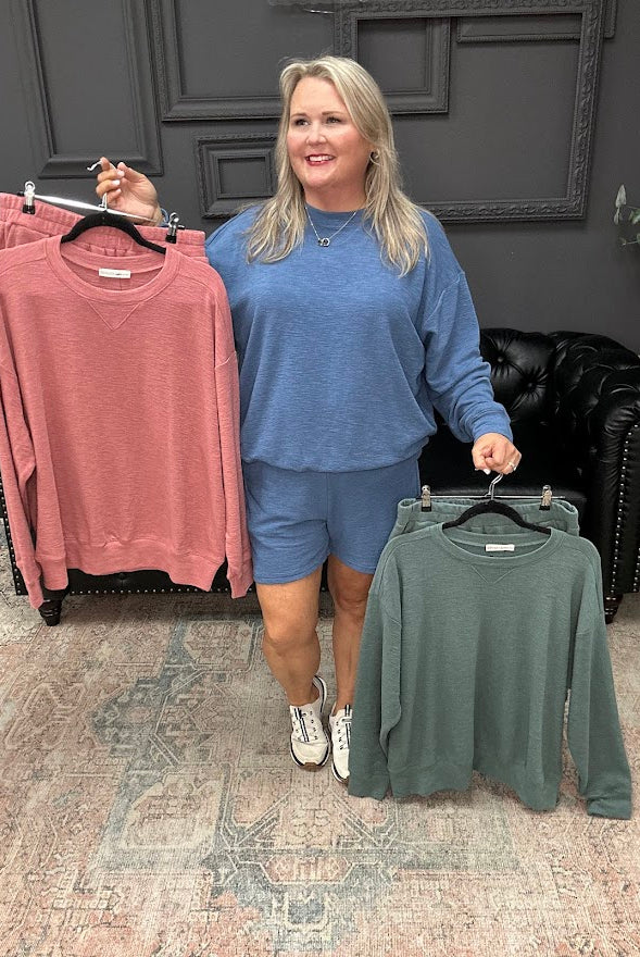 slub knit set, lounge set, pullover and shorts set, women’s matching set, comfy casual set, boutique loungewear, Gypsy River Apparel