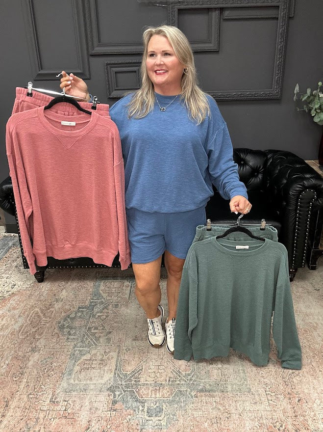 slub knit set, lounge set, pullover and shorts set, women’s matching set, comfy casual set, boutique loungewear, Gypsy River Apparel