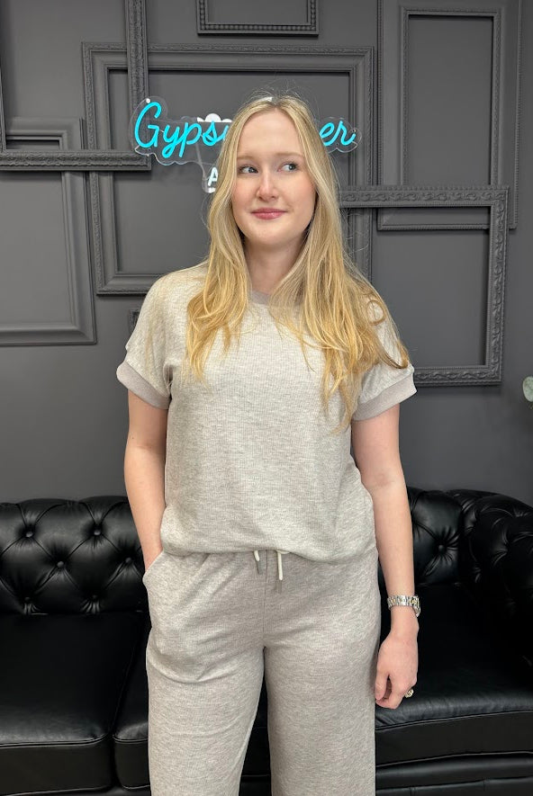 knit tee, short sleeve top, matching set top, comfy shirt, lounge top, everyday basics, soft knitwear, women’s boutique top, relaxed fit tee, casual outfit