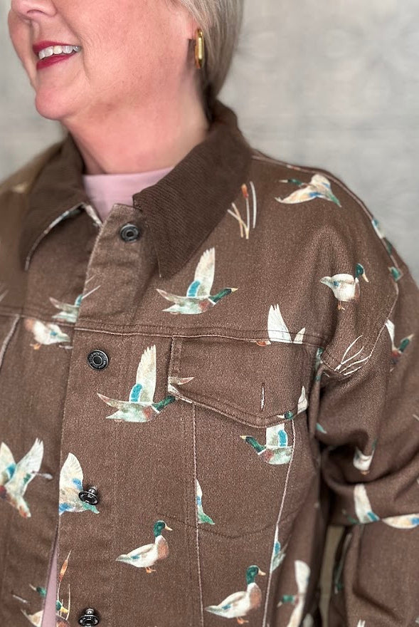 Mallard Duck Print Cropped Denim Jacket