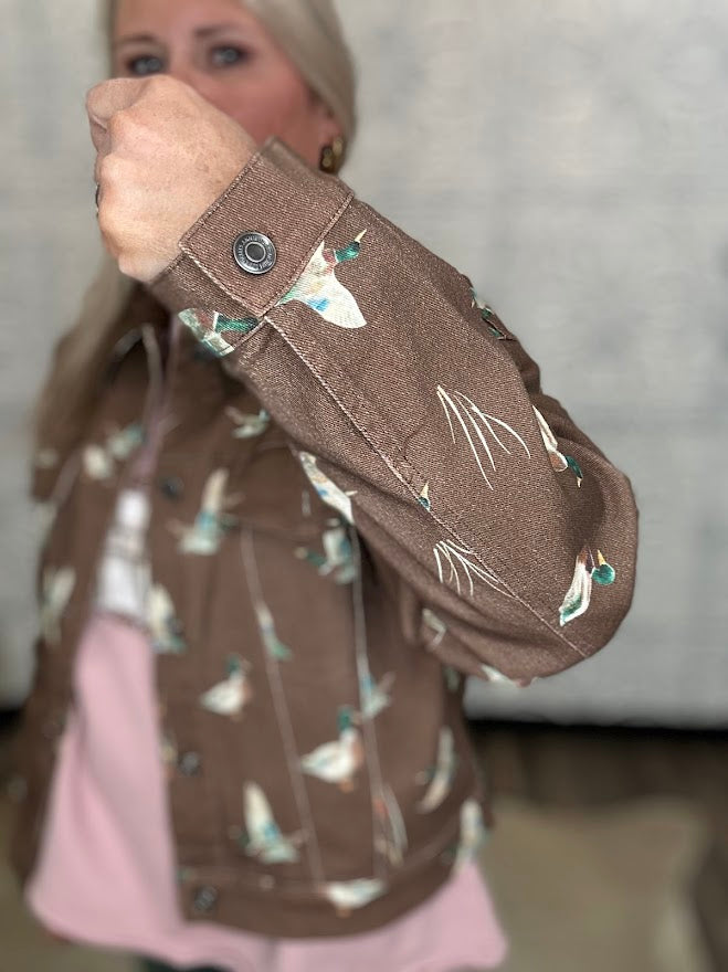Mallard Duck Print Cropped Denim Jacket