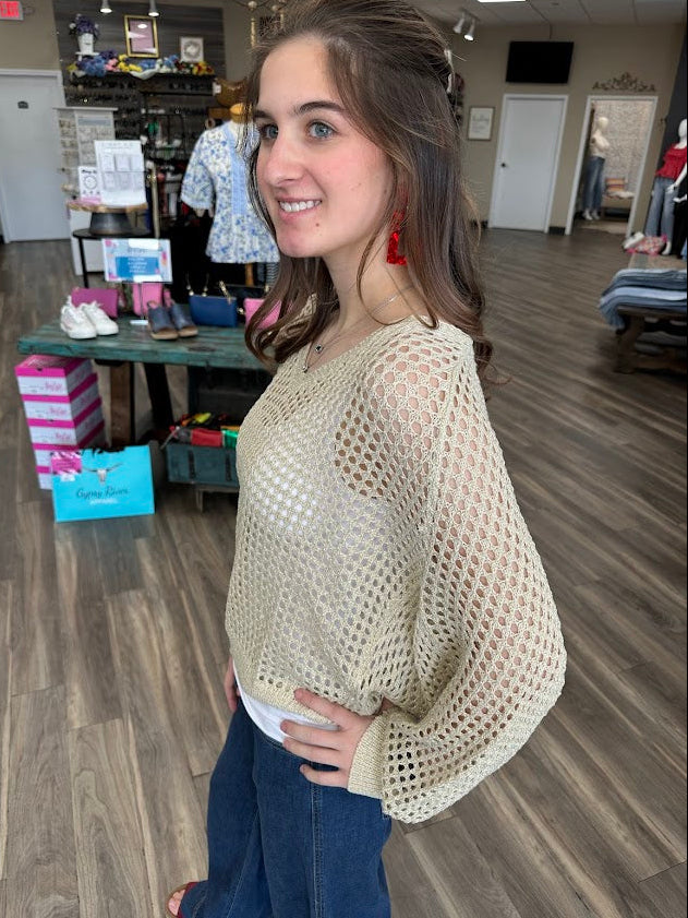 open weave sweater, metallic knit sweater, lightweight v neck sweater, airy knit pullover, boutique layering sweater, neutral knit sweater women