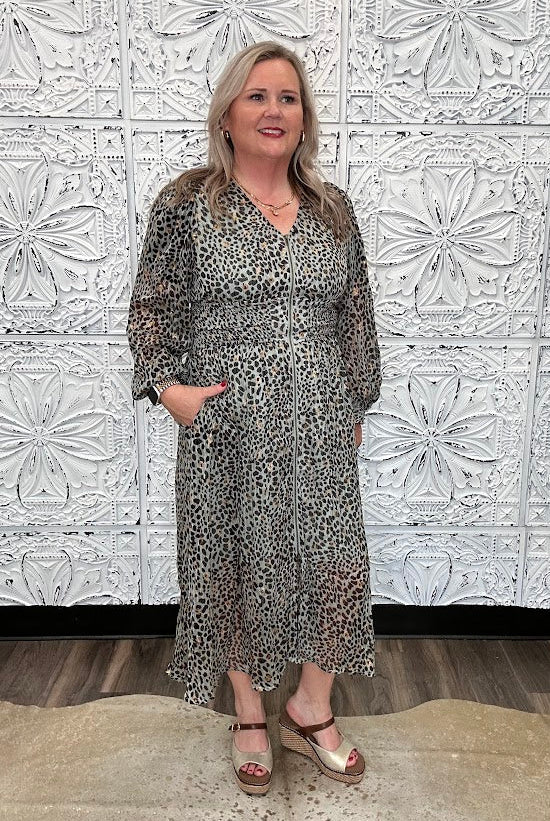 Metallic Leopard Smocked Waist Midi Dress