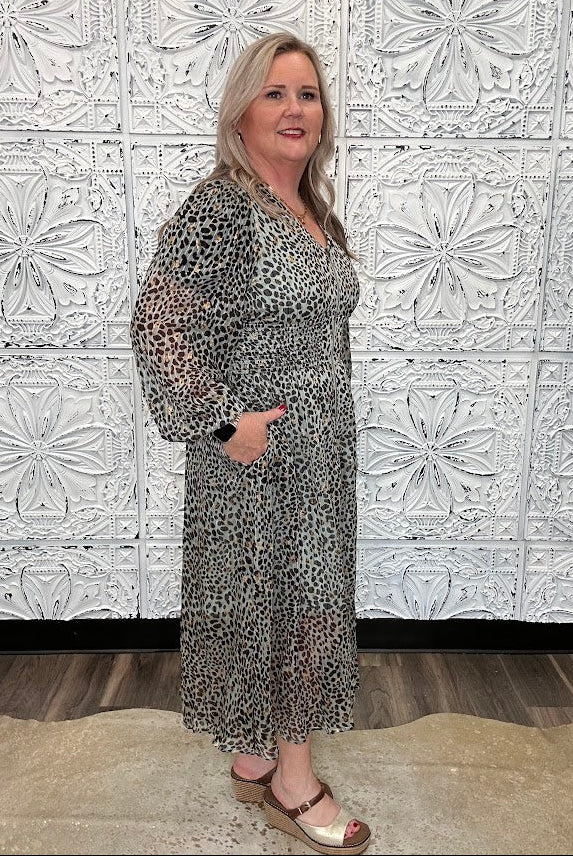 Metallic Leopard Smocked Waist Midi Dress