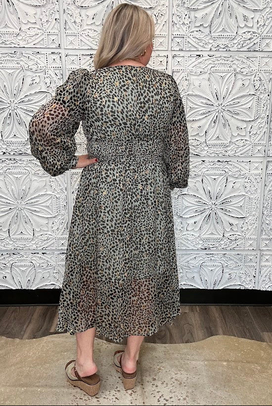 Metallic Leopard Smocked Waist Midi Dress
