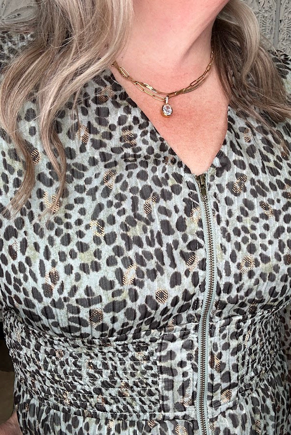 Metallic Leopard Smocked Waist Midi Dress