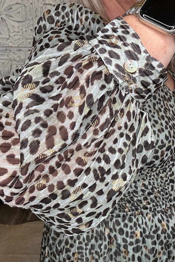 Metallic Leopard Smocked Waist Midi Dress
