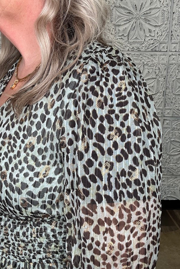 Metallic Leopard Smocked Waist Midi Dress
