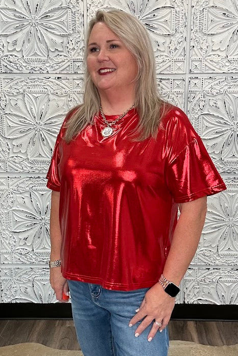 Metallic Red Short Sleeve Top