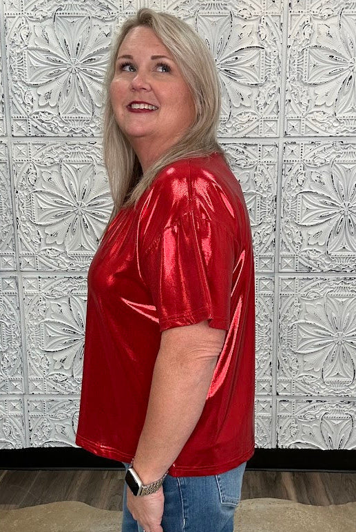 Metallic Red Short Sleeve Top