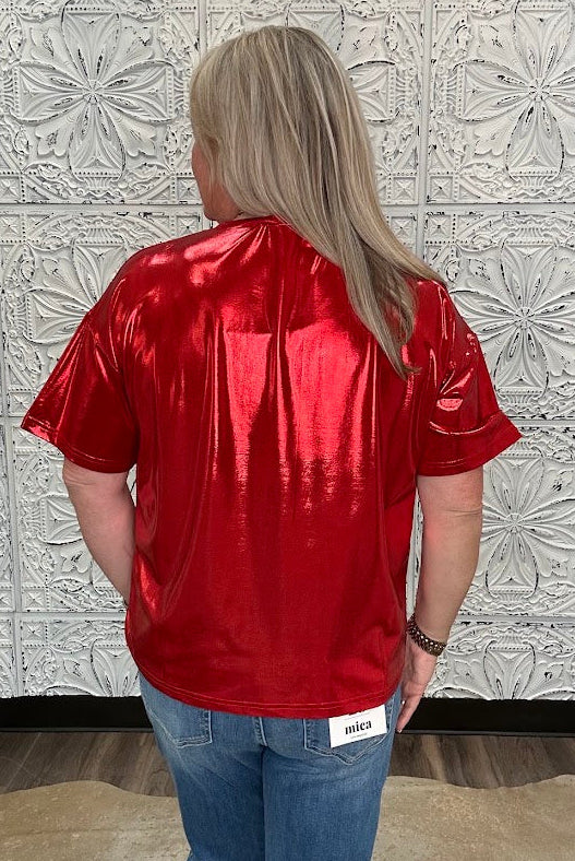 Metallic Red Short Sleeve Top