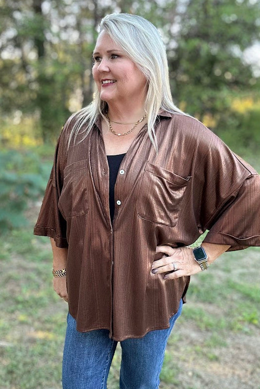 Metallic Shimmer Button-Front Top
