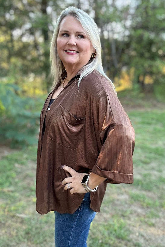 Metallic Shimmer Button-Front Top