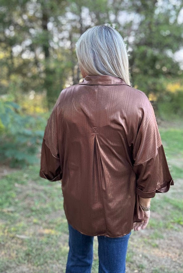 Metallic Shimmer Button-Front Top