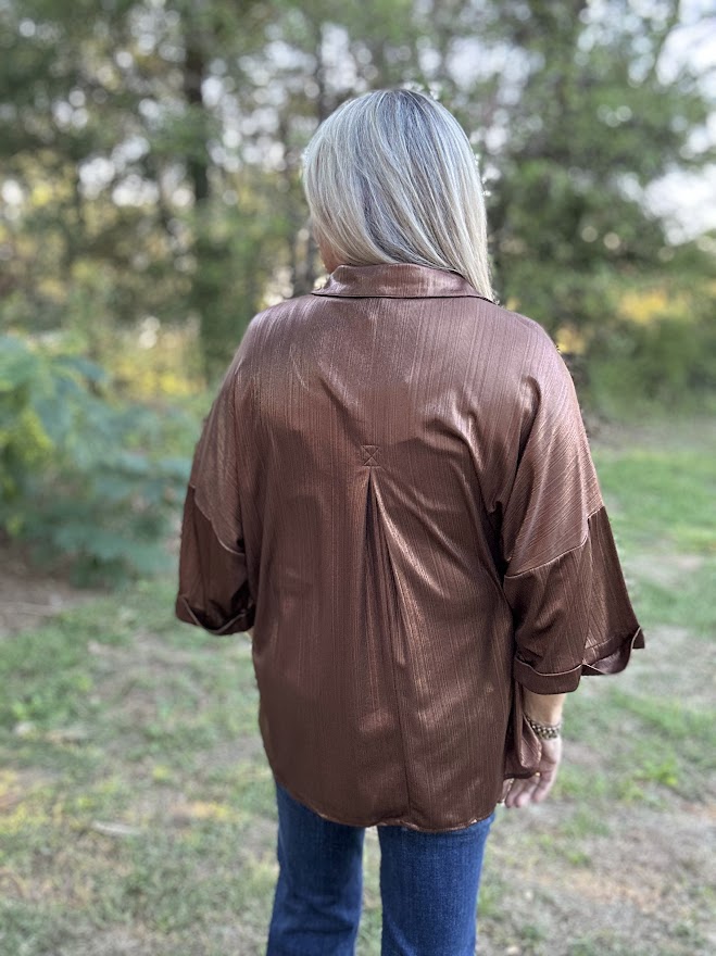 Metallic Shimmer Button-Front Top