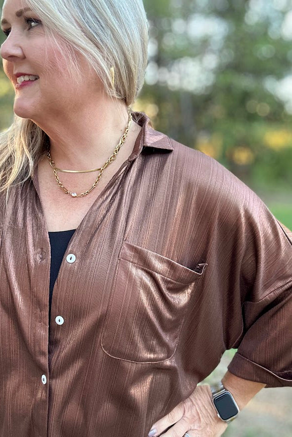 Metallic Shimmer Button-Front Top