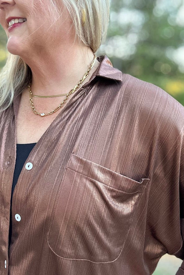 Metallic Shimmer Button-Front Top