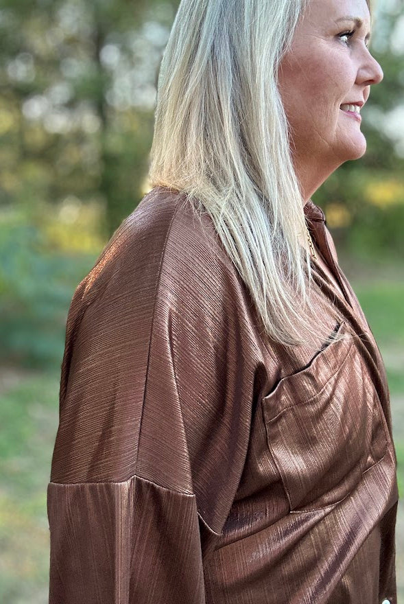 Metallic Shimmer Button-Front Top