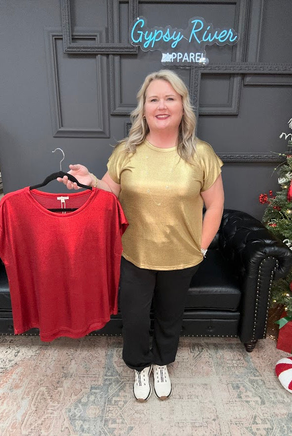 metallic top, shimmer shirt, gold top, red top, sparkle blouse, holiday top, festive shirt, party outfit, boutique metallic tee, shiny knit top, women’s holiday clothing, casual glam top, New Year’s Eve outfit