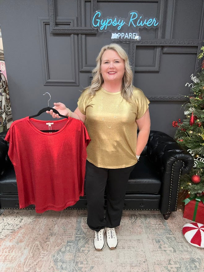 metallic top, shimmer shirt, gold top, red top, sparkle blouse, holiday top, festive shirt, party outfit, boutique metallic tee, shiny knit top, women’s holiday clothing, casual glam top, New Year’s Eve outfit