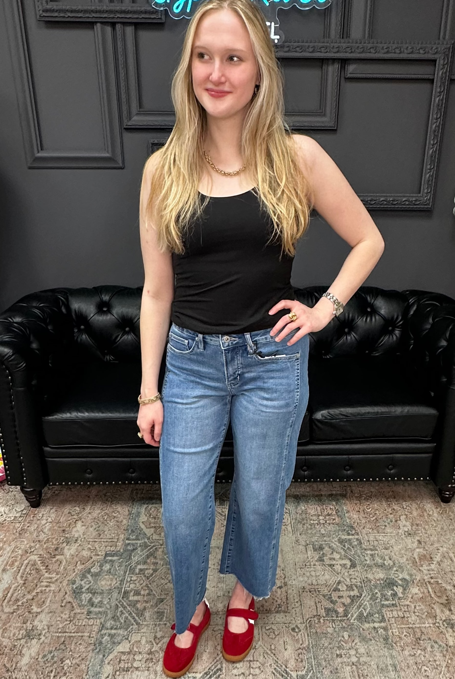 Mid rise tummy tuck cropped straight jeans with raw hem and vertical seam detail for women