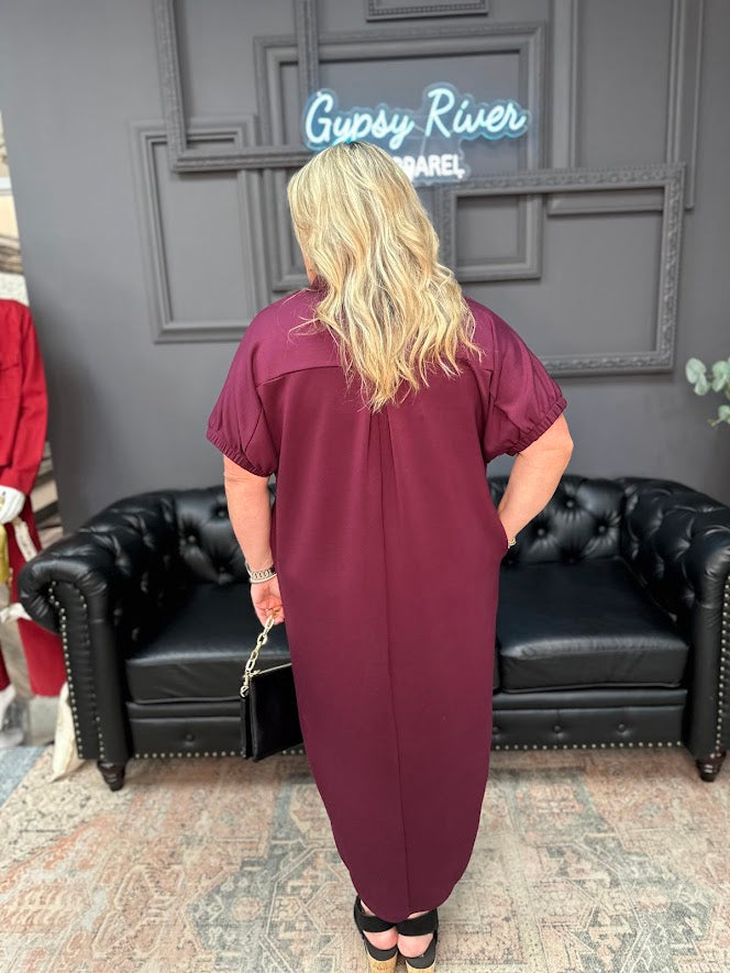 midi dress with pockets, band collar V-neck dress, short sleeve knit dress, casual midi dress, plus size midi dress, everyday knit dress