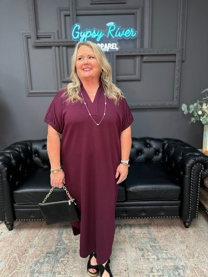 midi dress with pockets, band collar V-neck dress, short sleeve knit dress, casual midi dress, plus size midi dress, everyday knit dress