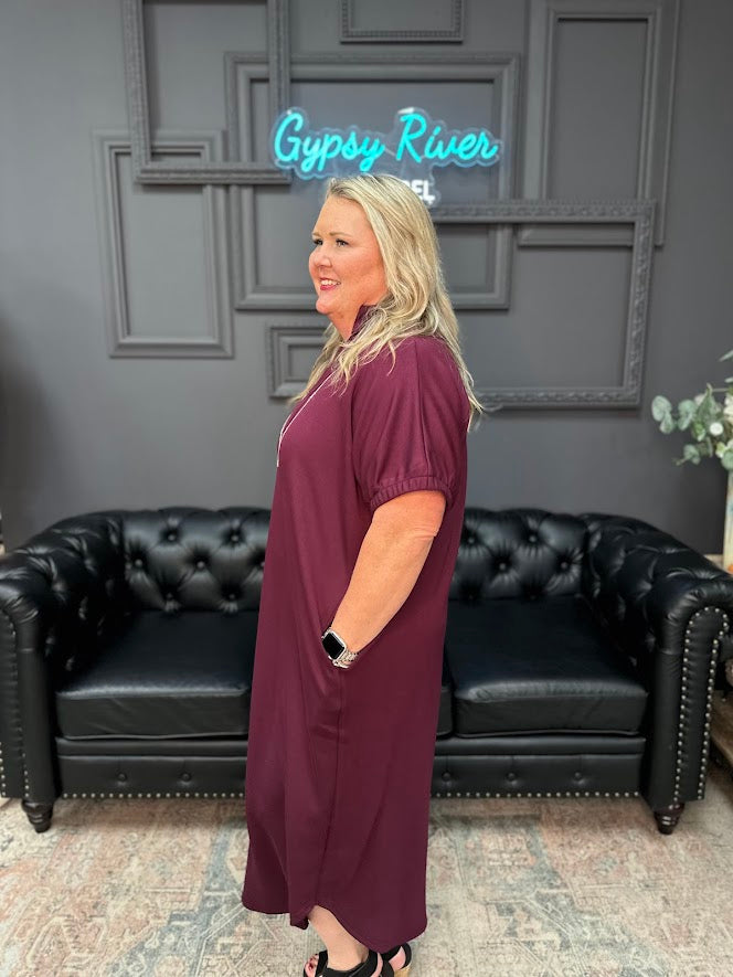 midi dress with pockets, band collar V-neck dress, short sleeve knit dress, casual midi dress, plus size midi dress, everyday knit dress