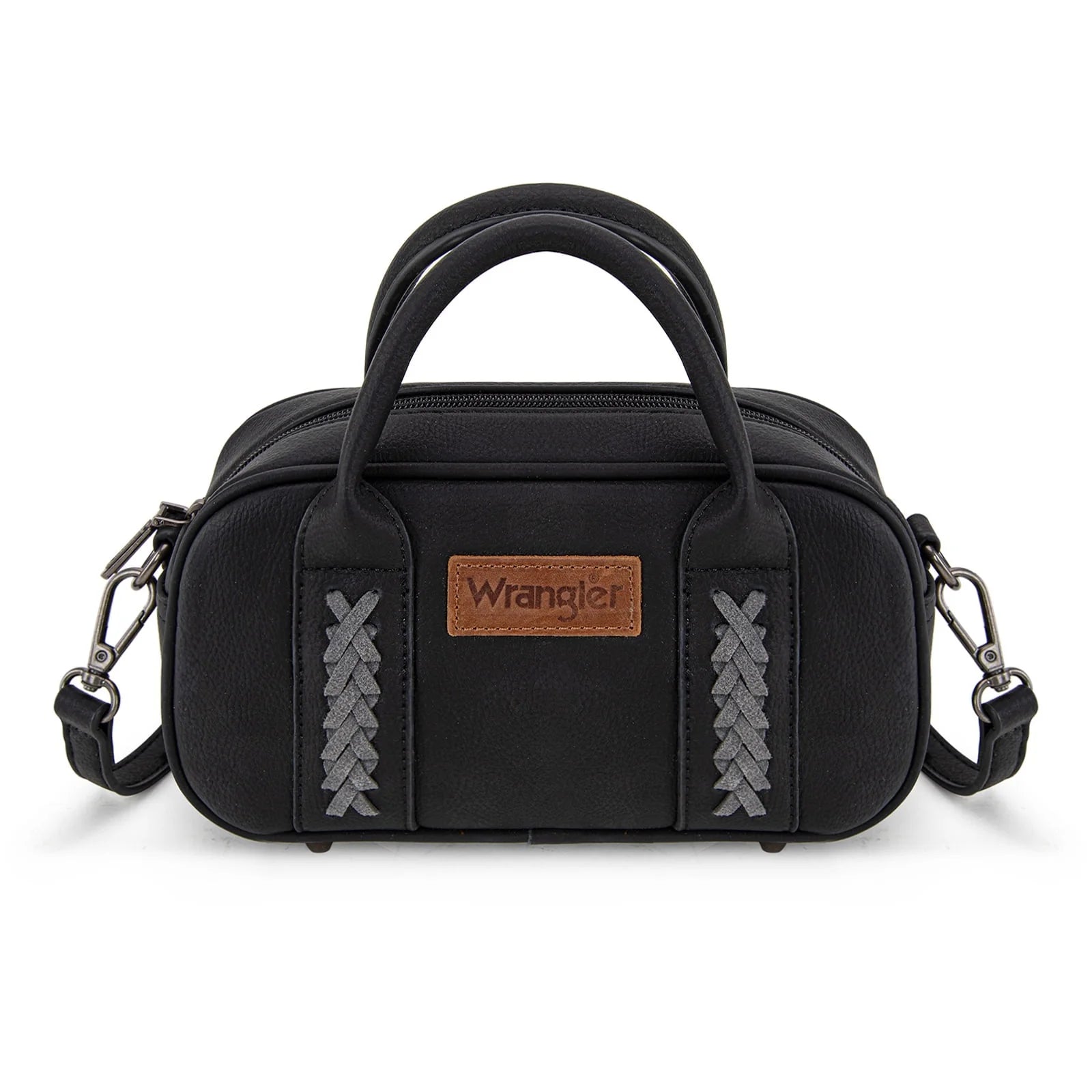 Black handbag with braided straps and Wrangler logo on a white background