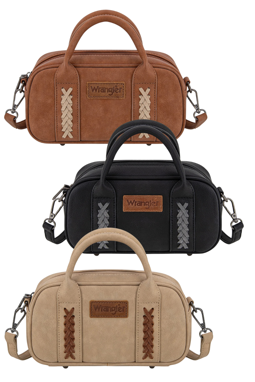 Three bags in brown, black, and beige with 'Wrangler' branding on a white background.