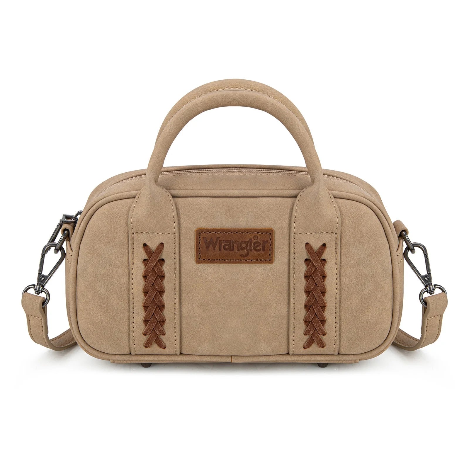 Beige handbag with brown accents and 'Wrangler' logo on a white background