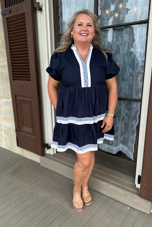 navy babydoll dress, puff sleeve dress, stripe trim dress, cotton summer dress, tiered dress with pockets, boutique navy dress