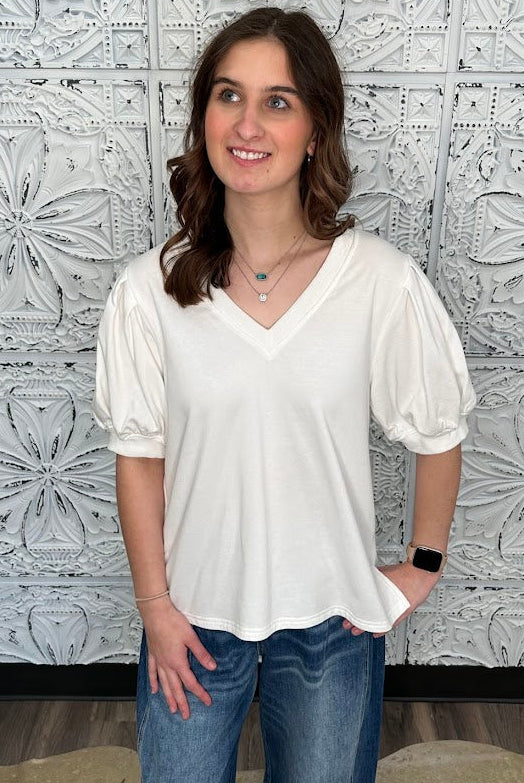 off white cotton top, mineral wash blouse, puff sleeve v neck top, boutique neutral blouse, short sleeve cotton blend top, casual dressy women’s top