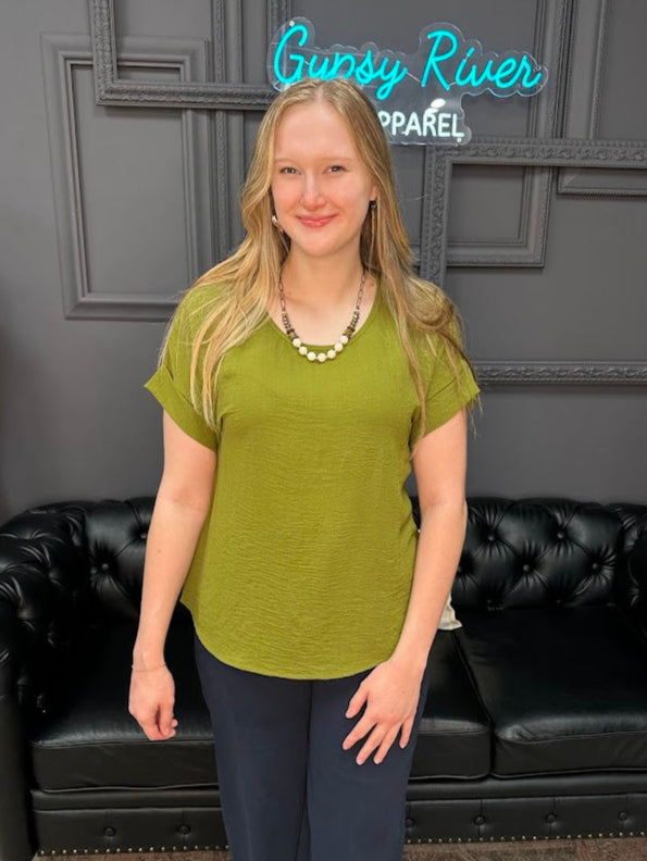 olive airflow top, lightweight fall top, green blouse, relaxed fit short sleeve, keyhole back top, breathable crinkle top